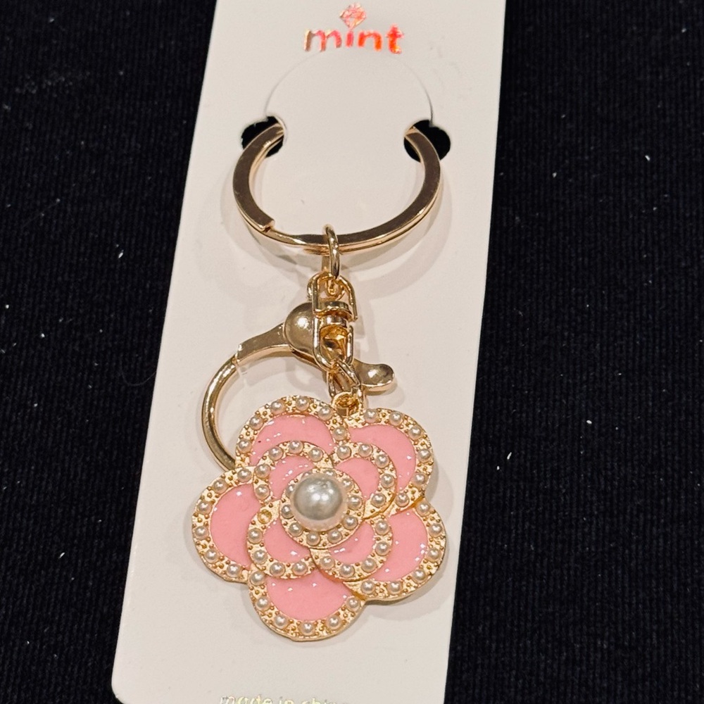 Mint Pink and Gold Floral Keychain